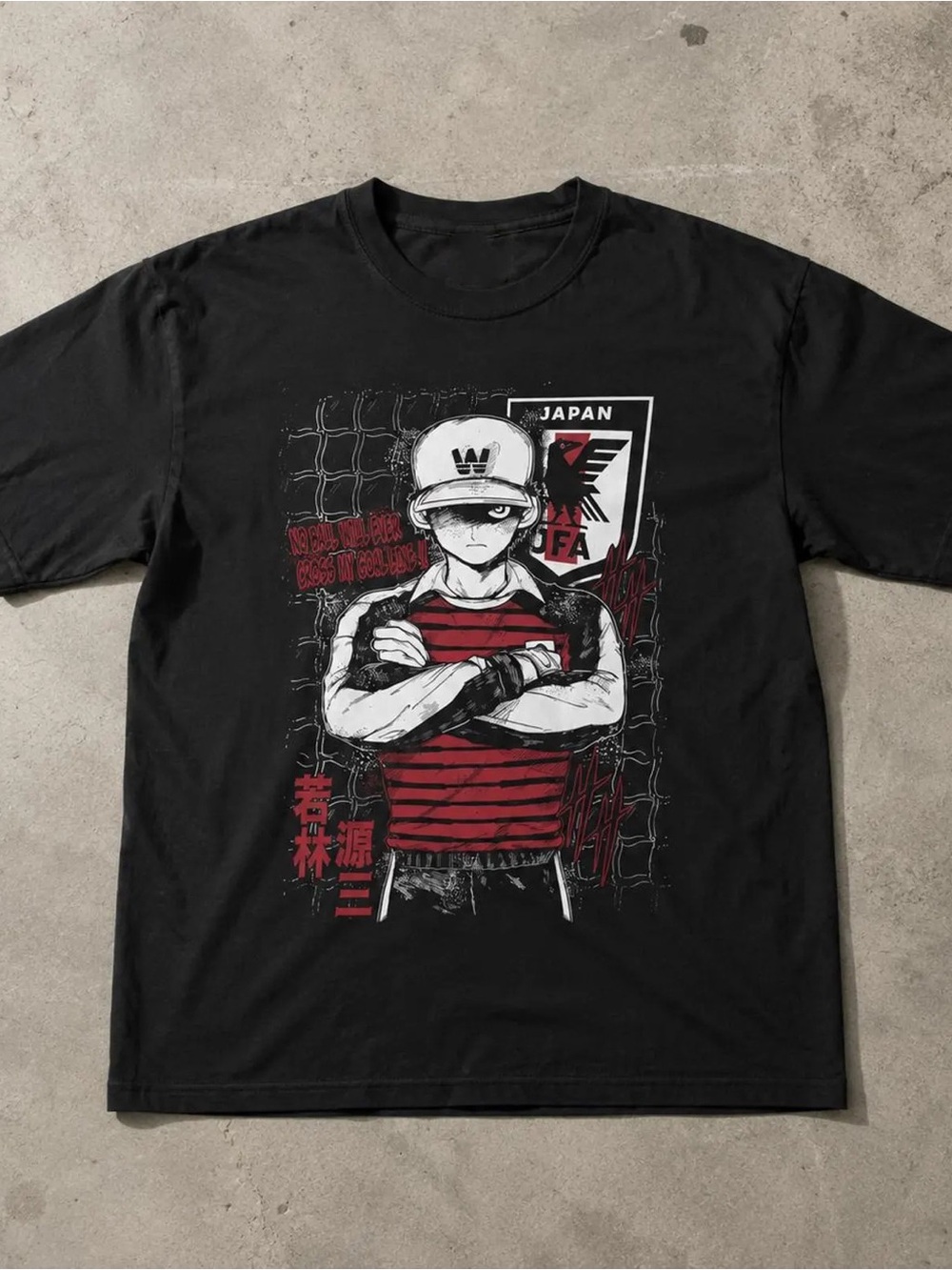 Anime Graphic Crewneck Tee - Black with Red Stripes